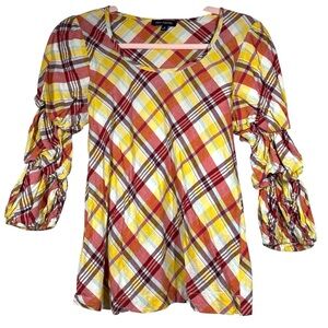 MAX EDITION Colorful Plaid Women's Top with Ruched Sleeves Small